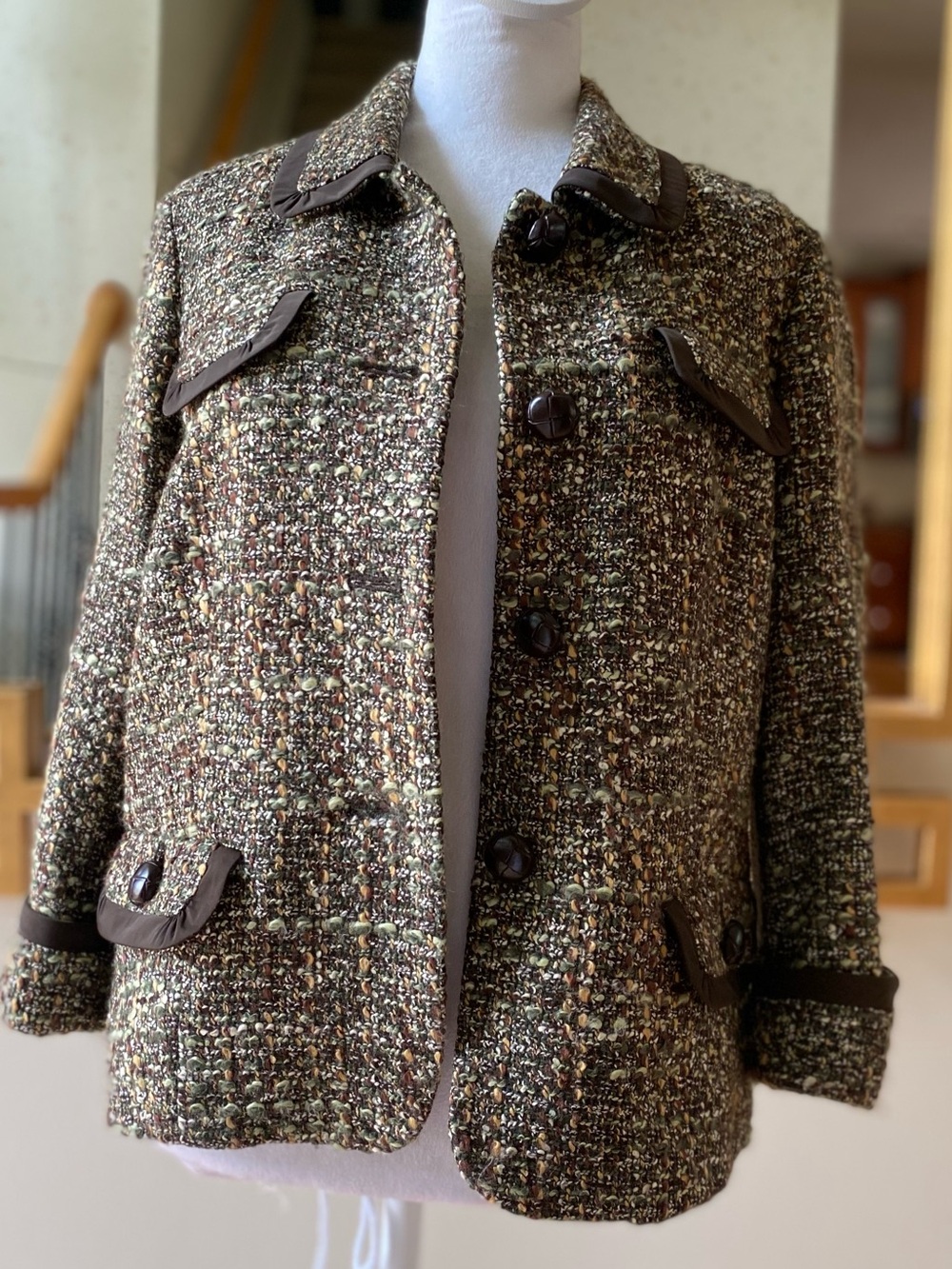 Talbots Tweed Boucle Jacket Brown Green Button Front 12P - Picture 2 of 16